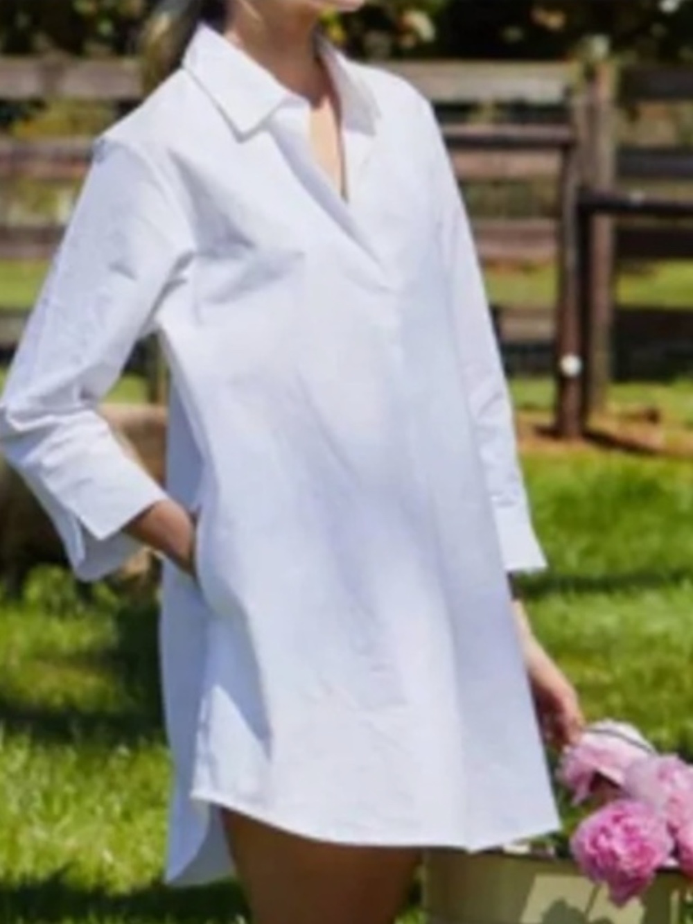 Red Land Cotton Relaxed White Cotton Mini Shirt Dress 2 pockets SZ Large